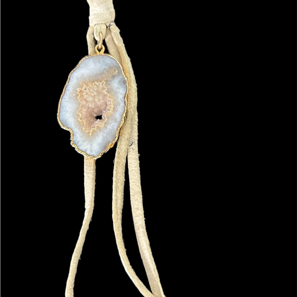 Rose stone and necklace with leather tassels
